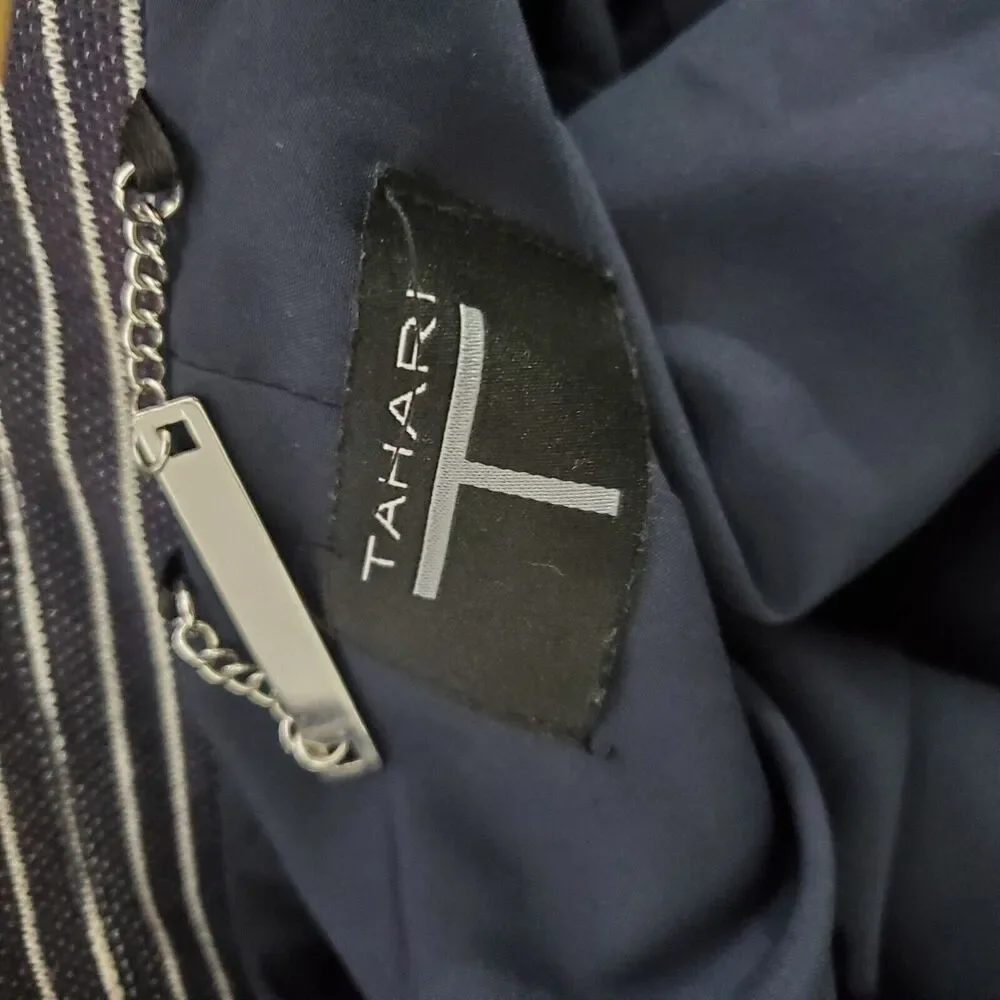 Tahari Women's Blazer 10 Blue Striped Pique Knit Pearls Nautical Business Office